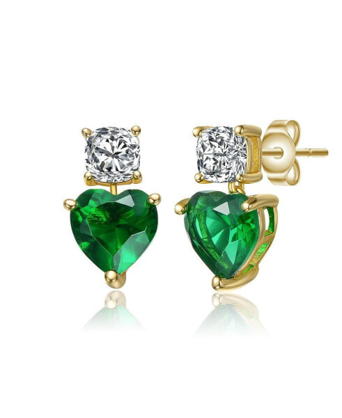 Sterling Silver 14K Gold Plated with Cubic Zirconia Two-Stone Heart Earrings