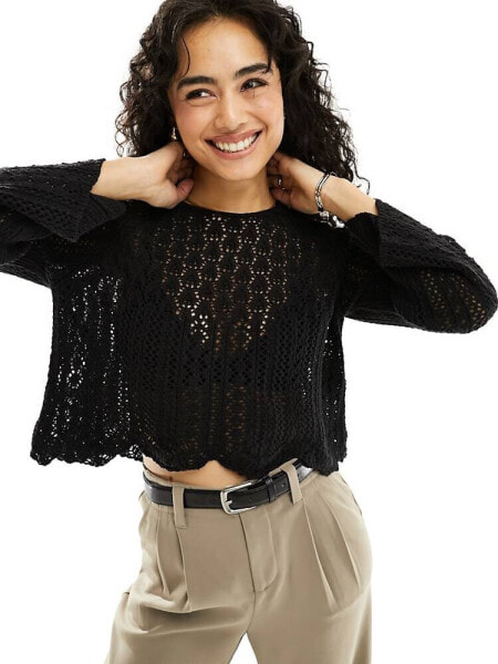 ONLY crochet wide sleeve jumper in black 