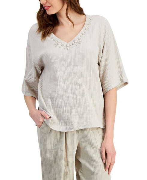 Petite Embellished Elbow-Sleeve Textured Cotton Top, Created for Macy's
