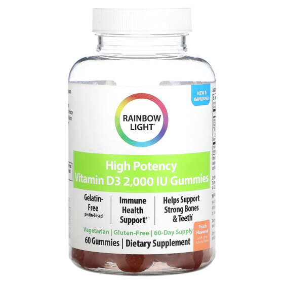 Витамин D высокой мощности, Rainbow Light, персик, 2,000 МЕ, 60 жевательных мишеней