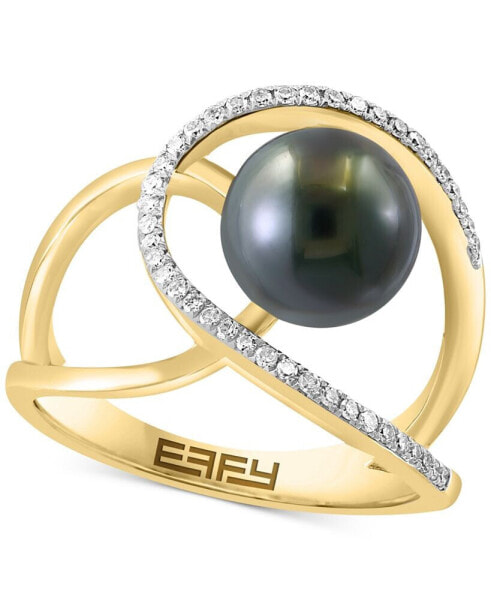 EFFY® Black Tahitian Pearl (8mm) & Diamond (1/6 ct. t.w.) Abstract Openwork Statement Ring in 14k Gold