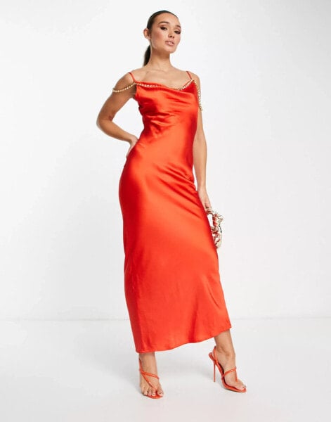 Rare London embellished satin cami maxi dress in burnt orange