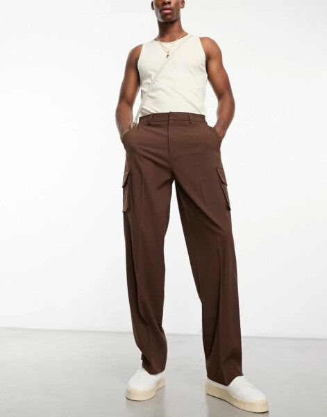 ASOS DESIGN smart wide leg cargo trousers in brown