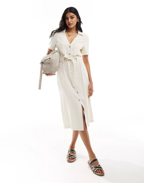 Stradivarius linen look midi shirt dress in natural