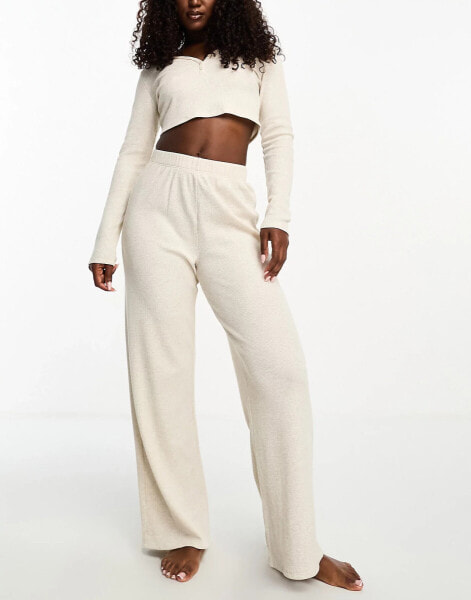 Loungeable waffle henley & wide leg pyjama set in beige