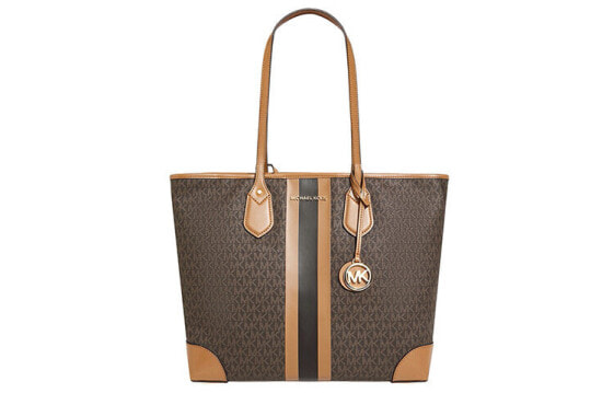 Сумка женская MICHAEL KORS MK Eva большая с блеском логотипа фирменная символическая материнская сумка полосатая из пластика буквенные цветные цвета сумка на руку, коричневый, 30T9GV0T7B-252