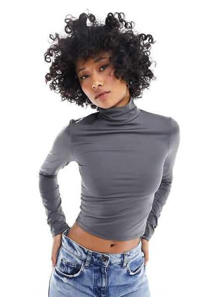 Stradivarius STR high neck long sleeve top in charcoal