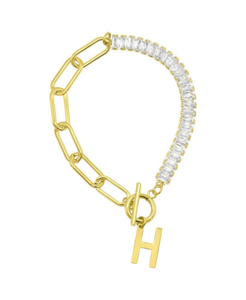 14K Gold-Plated Half Crystal and Half Paperclip Initial Toggle Bracelet