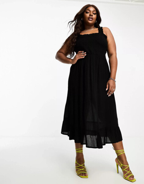 Simply Be exclusive shirred strap midi sundress in black