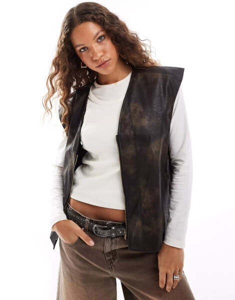 Noisy May faux leather zip thru vest in washed brown