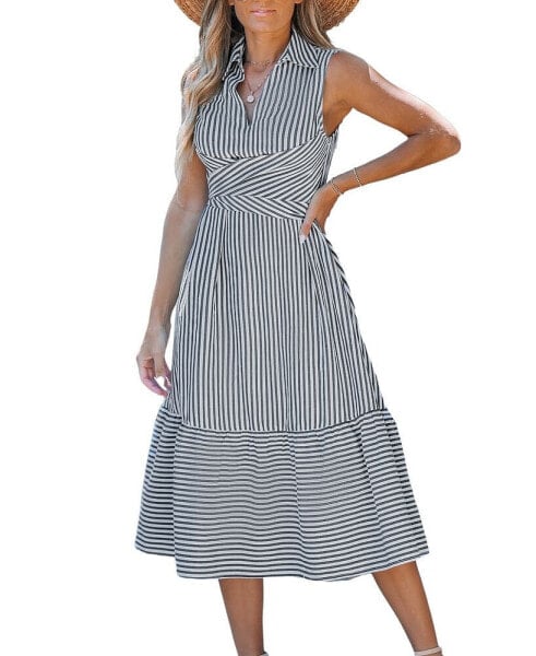 Women's Black Striped Collared Sleeveless Midi Beach Dress