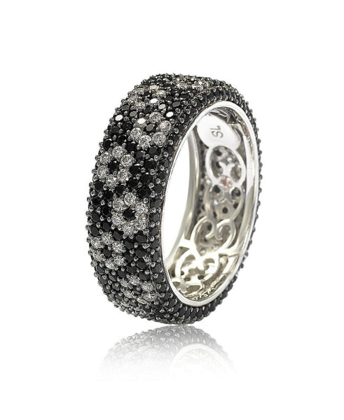 Suzy Levian Sterling Silver Cubic Zirconia White & Black Pave Flower Eternity Band Ring