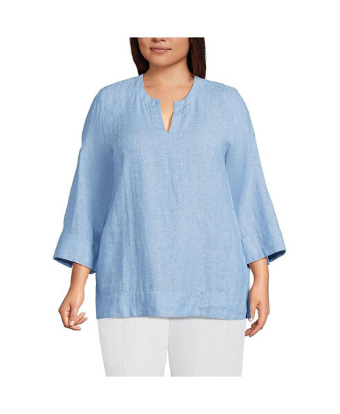 Plus Size Linen Split Neck Tunic Top