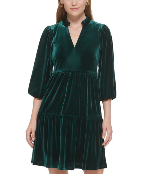 Women's Velvet Puff-Sleeve Tiered Dress