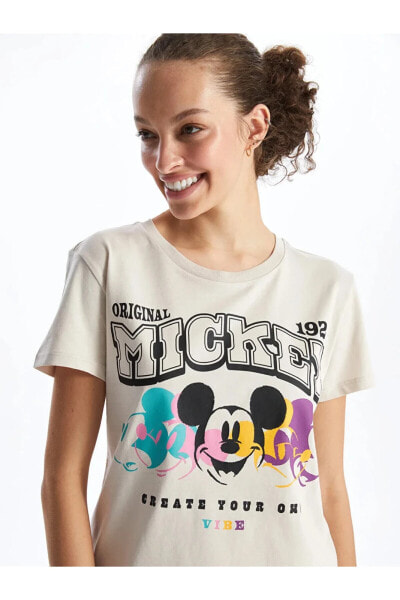 XSIDE Bisiklet Yaka Mickey Mouse Baskılı Kısa Kollu Kadın Tişört