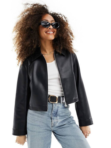 ASOS DESIGN leather look top collar jacket in black