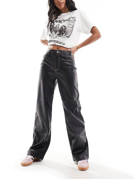 Vero Moda leather look wide leg dad trouser in black with contrast white stitching 