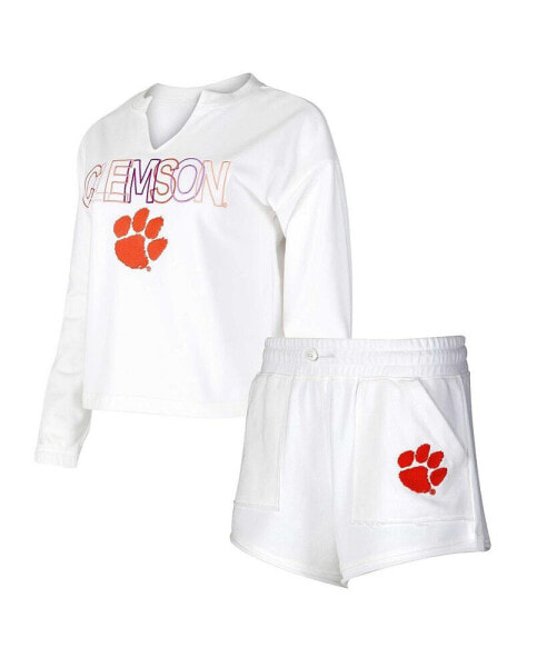 Women's White Clemson Tigers Sunray Notch Neck Long Sleeve T-shirt and Shorts Set