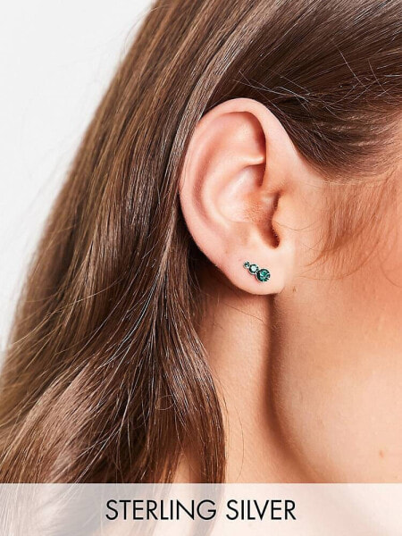Kingsley Ryan sterling silver emerald treble drop stud earrings