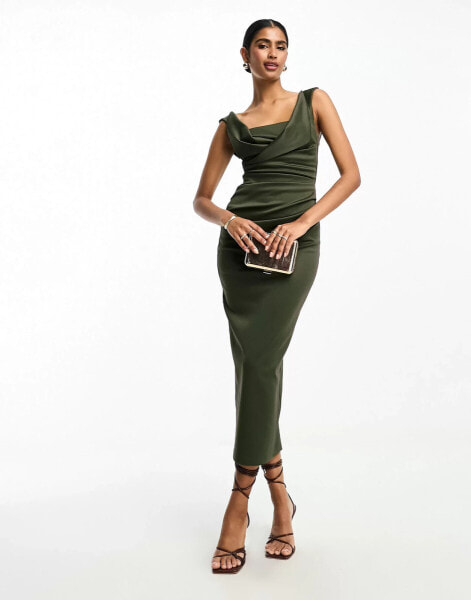 ASOS DESIGN square neck pleat bust midi pencil dress in deep green