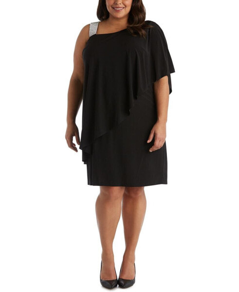 Plus Size Rhinestone-Trim One-Shoulder Dress