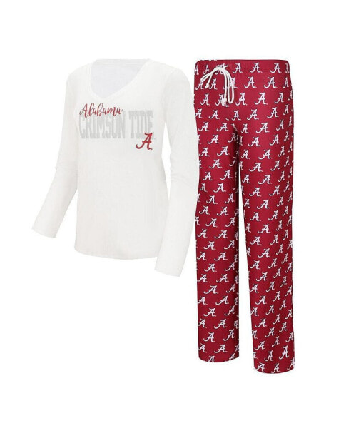Women's White, Crimson Alabama Crimson Tide Long Sleeve V-Neck T-shirt and Gauge Pants Sleep Set