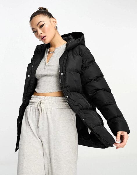 Threadbare Hayley mid length puffer jacket in black