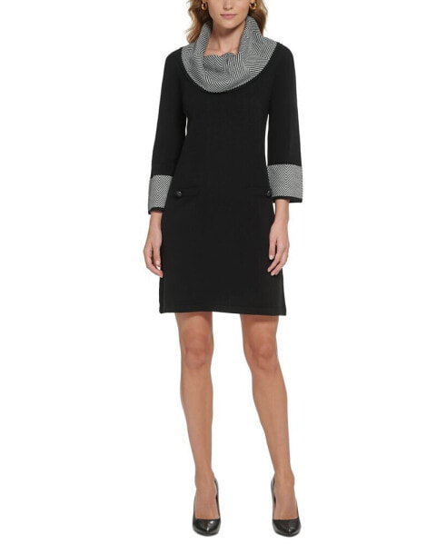 Women's Contrast-Trim Cowlneck Sweater Dress