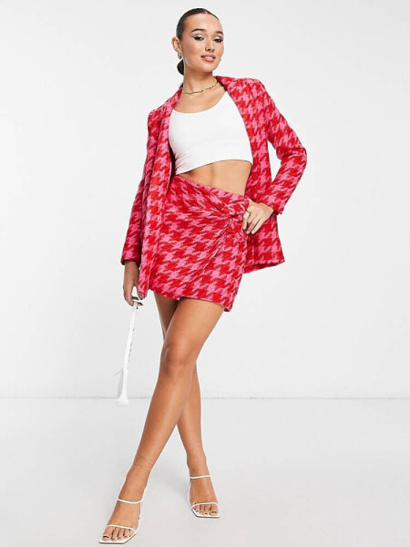 River Island co-ord dogtooth boucle skort in bright pink