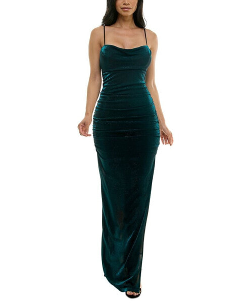 Juniors' Cowlneck Ruched Metallic-Knit Gown