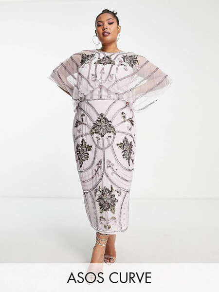ASOS DESIGN Curve blouson midi dress with art nouveau embellishment in lilac