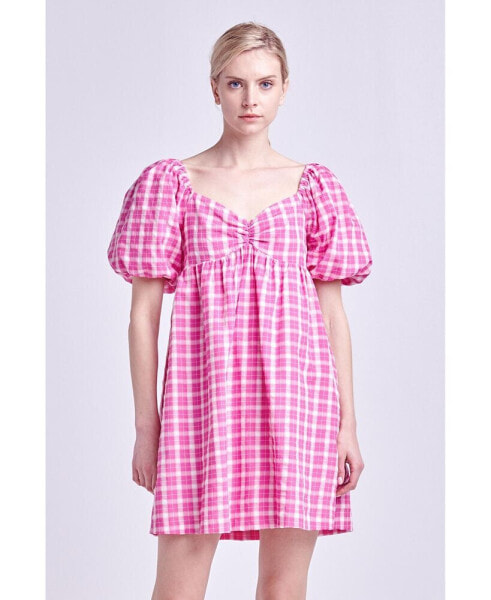 Women's Gingham Linen Sweetheart Baby Doll Dress