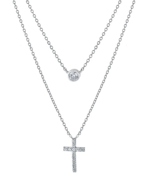 Giani Bernini double Layered 16" + 2" Cubic Zirconia Solitaire and Cross Chain Necklace in Sterling Silver