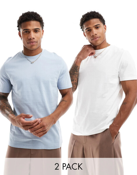 ASOS DESIGN 2 pack crew neck t-shirts in white and light blue