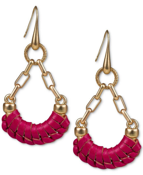 Gold-Tone Leather-Wrapped Open Drop Earrings