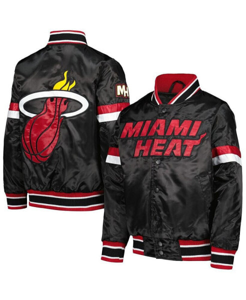 Big Boys Black Miami Heat Home Game Varsity Satin Full-Snap Jacket