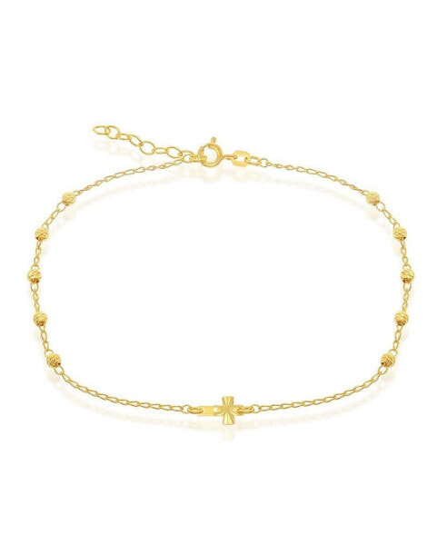 Sterling Silver Diamond Cut Beads & Small Center Cross Anklet
