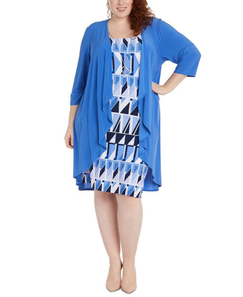 Plus Size Draped Long Cardigan and Printed Sleeveless Dress