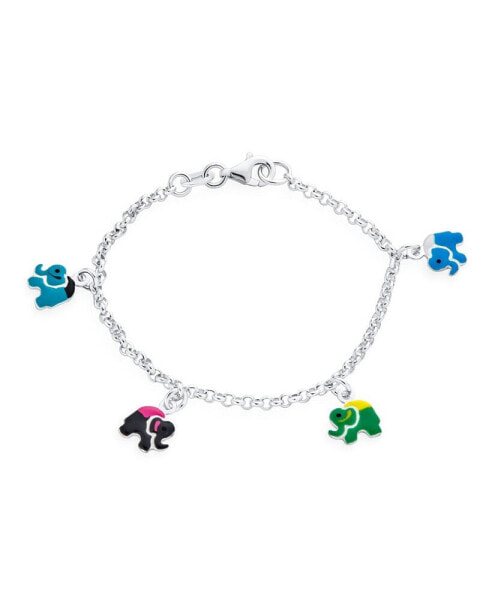 Good Luck ZOO Animal Lucky Garden Colorful 5 Multi Elephant Dangling Charm Bracelet For Girls Teens .925 Sterling Silver 6 Inch Small Wrist