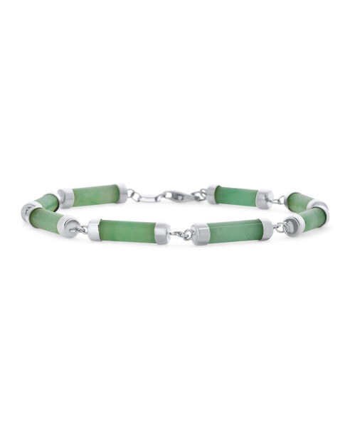 Asian Style Light Green Jade Strand Tube Bar Link Bracelet For Women Sterling Silver 7.5 Inch