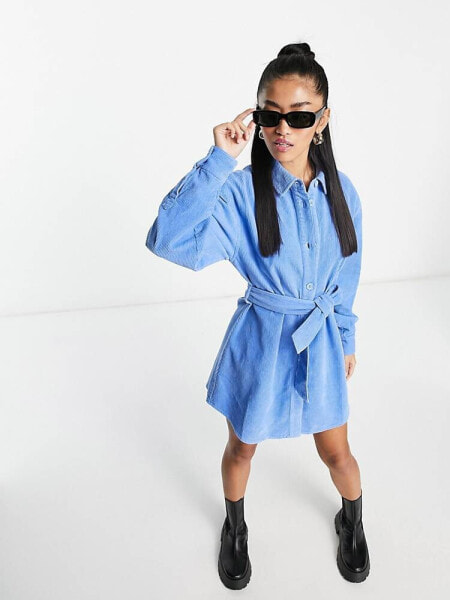 ASOS DESIGN cord belted shirt dress in blue