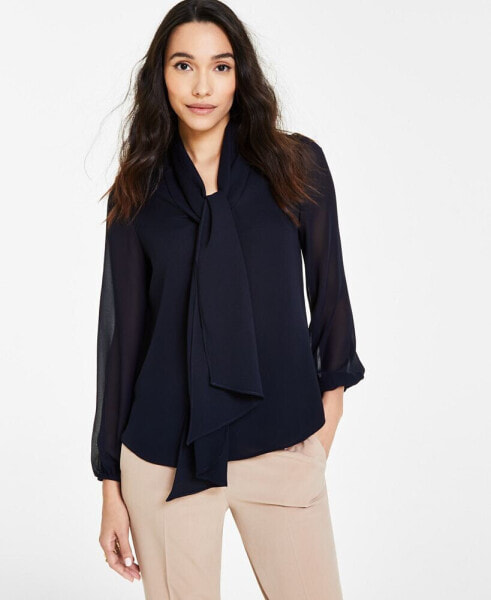 Women's Tie-Neck Sheer-Long-Sleeve Blouse, Created for Macy's