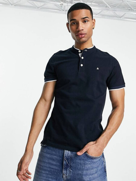 Jack & Jones Essentials grandad polo with tipping in navy 