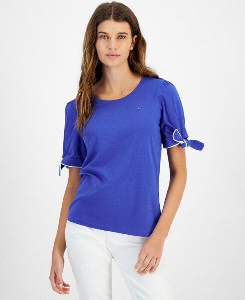 Women's Crewneck Short-Sleeve Tie-Cuff Top