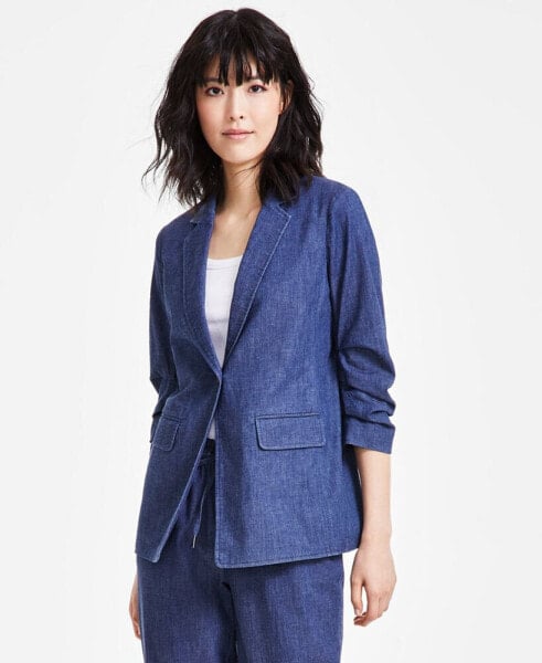 Women's Denim Ruched-Sleeve Blazer