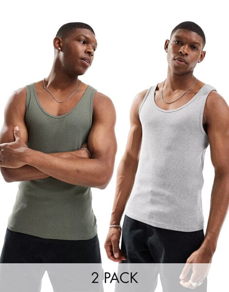 ASOS DESIGN 2 pack rib vests in khaki and grey marl