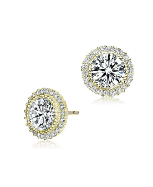 Sterling Silver Round Cubic Zirconia Milgrain Set Halo Stud Earrings