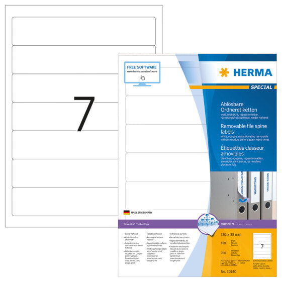 HERMA Removable file labels A4 192x38 mm white Movables/removable paper matt opaque 700 pcs. - White - Rounded rectangle - Removable - Paper - Matte - Laser/Inkjet