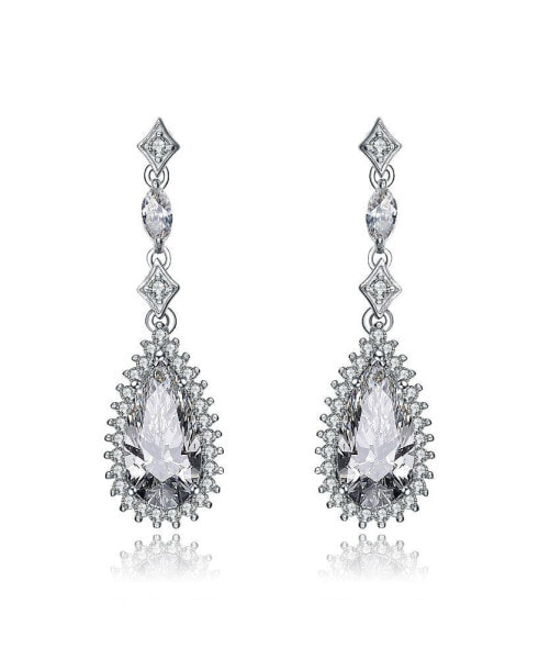 Sterling Silver White gold Plated Pear Drop Cubic Zirconia with Halo Burst Earrings