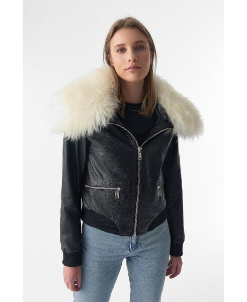 Women's Detachable Natural Shearling Collar Bomber Jacket, Natural Grain Black